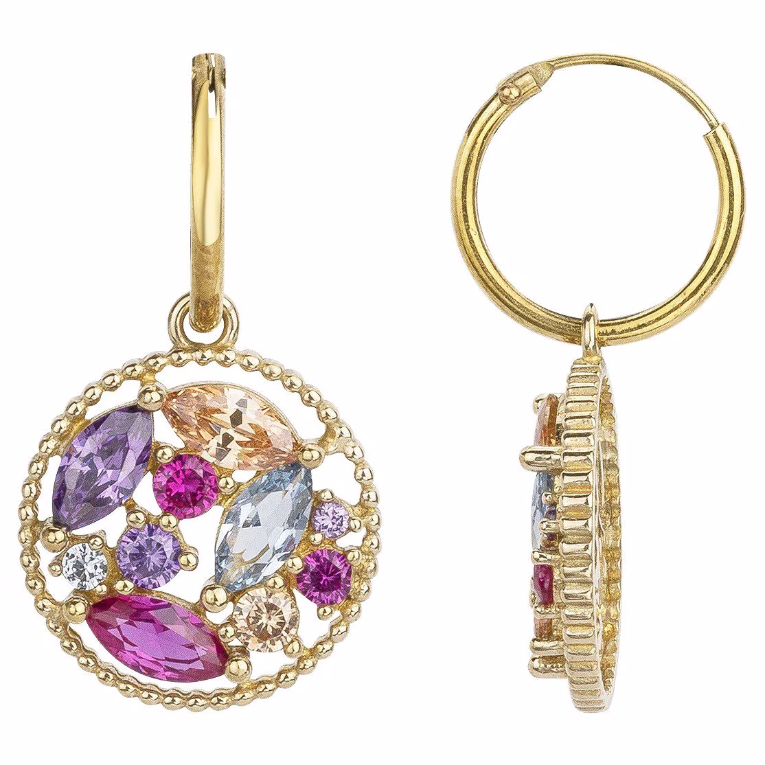 Créoles pendantes rondes et oxydes colorés plaqué or