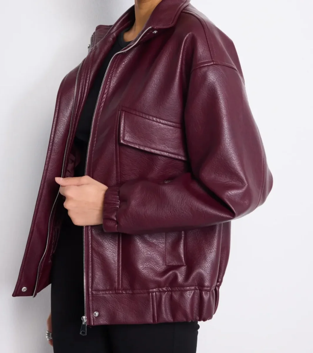 Blouson bombers simili cuir bordeaux – Image 3