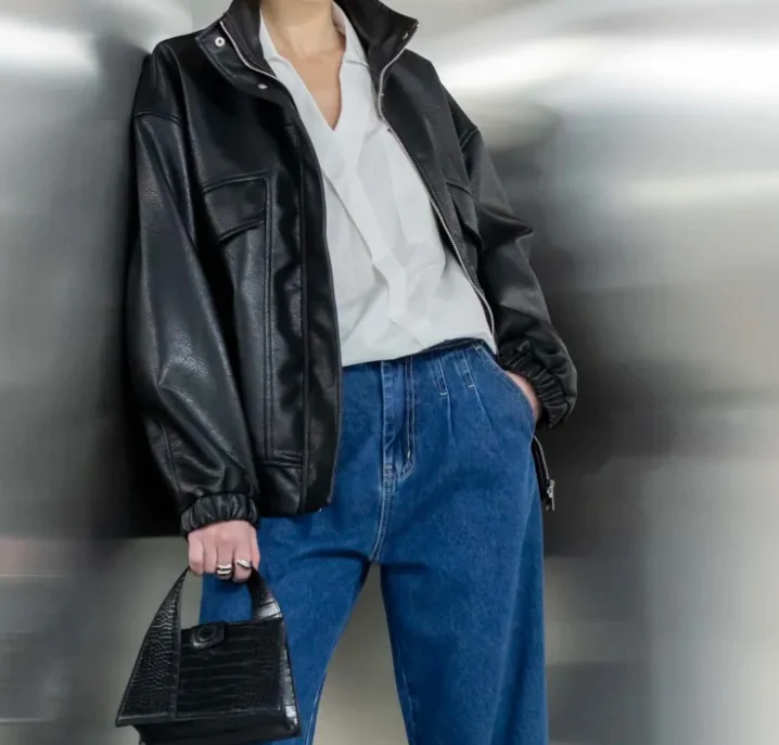 Blouson bombers simili cuir noir – Image 6