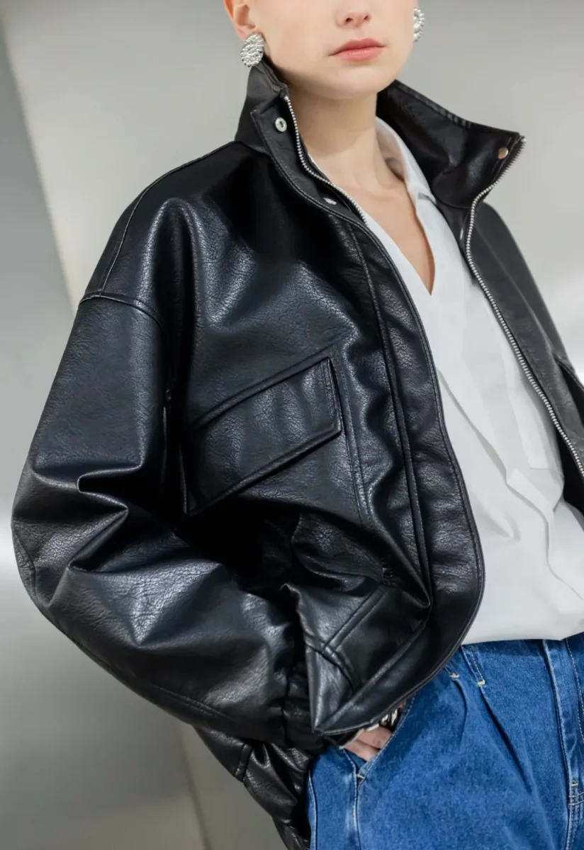 Blouson bombers simili cuir noir