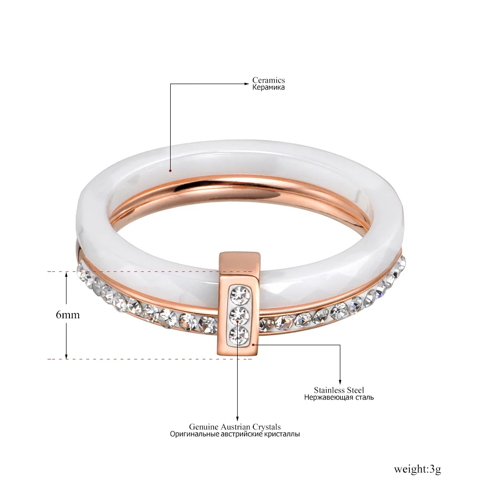 2 Layers Black/White Ceramic Crystal Wedding Rings Jewelry Rose Gold Plated Stainless Steel Rhinestone Engagement – Image 3