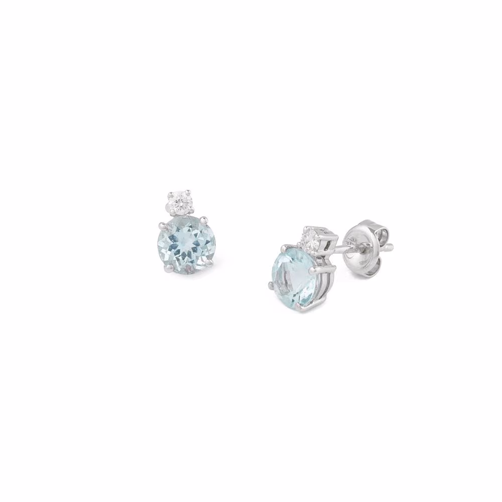 Puces d’Oreilles Aigue Marine et Diamant or Blanc Hortensia – Image 2
