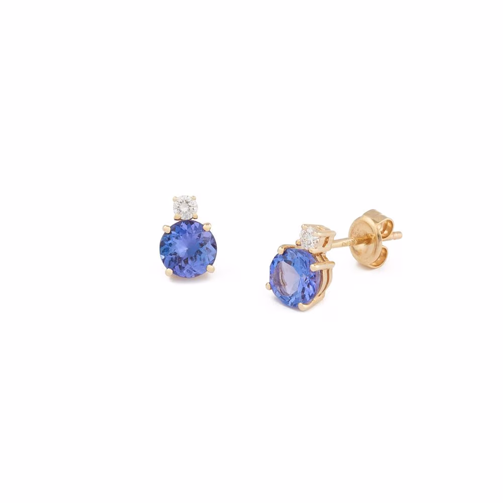 Puces d&rsquo;Oreilles Tanzanite et Diamant or Jaune Hortensia