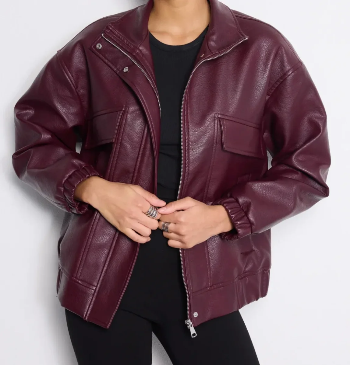 Blouson bombers simili cuir bordeaux