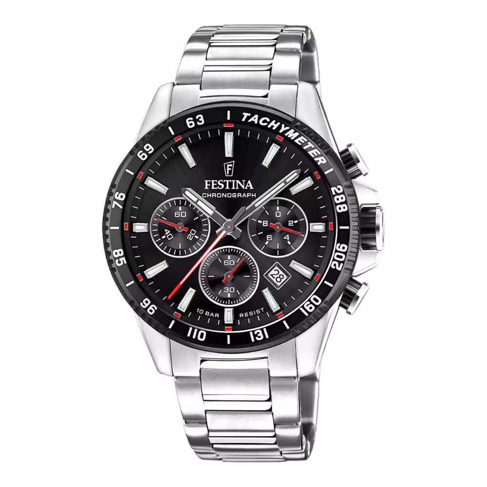 Montre Festina Timeless Chronograph homme, cadran noir, acier