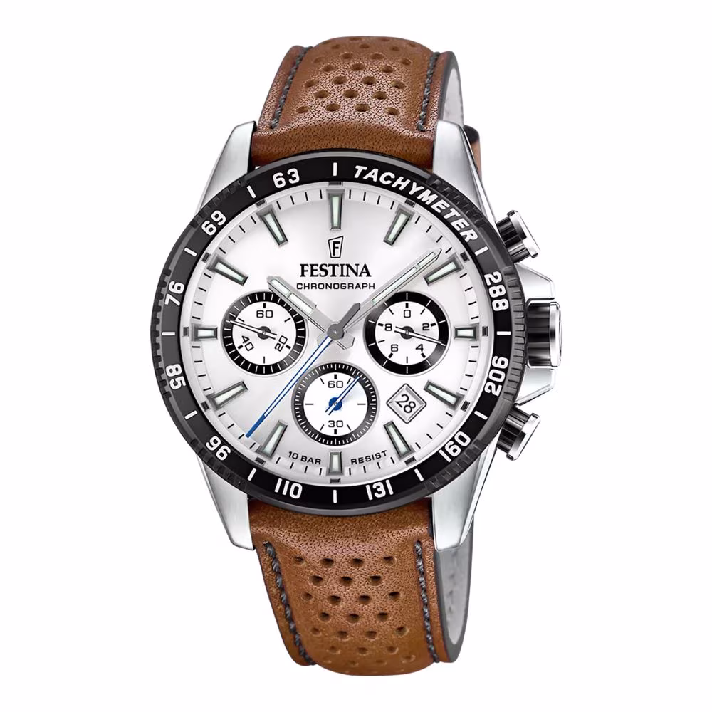Montre homme chrono Festina Timeless, cadran gris, cuir marron