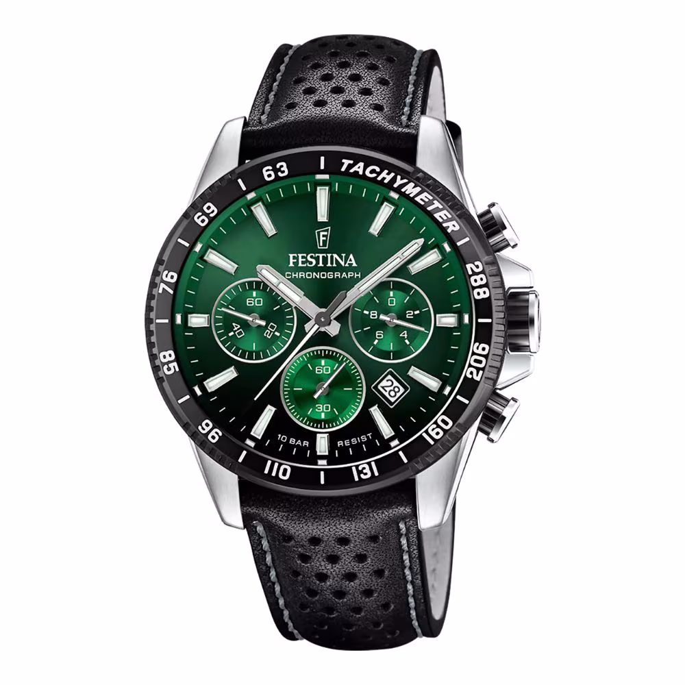 Montre homme chrono Festina Timeless, cadran vert, cuir noir