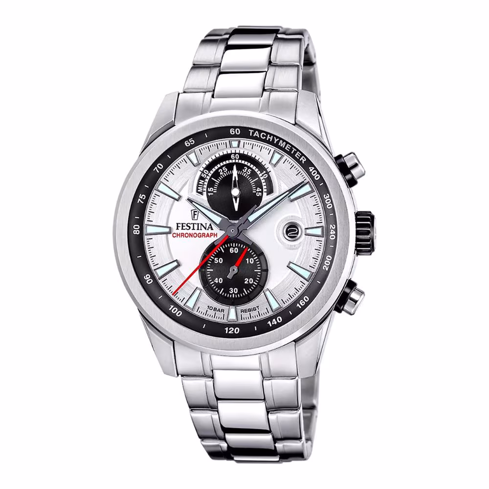 Montre Festina Timeless Chronograph, cadran blanc, acier
