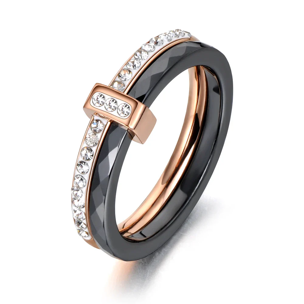 2 Layers Black/White Ceramic Crystal Wedding Rings Jewelry Rose Gold Plated Stainless Steel Rhinestone Engagement – Image 8