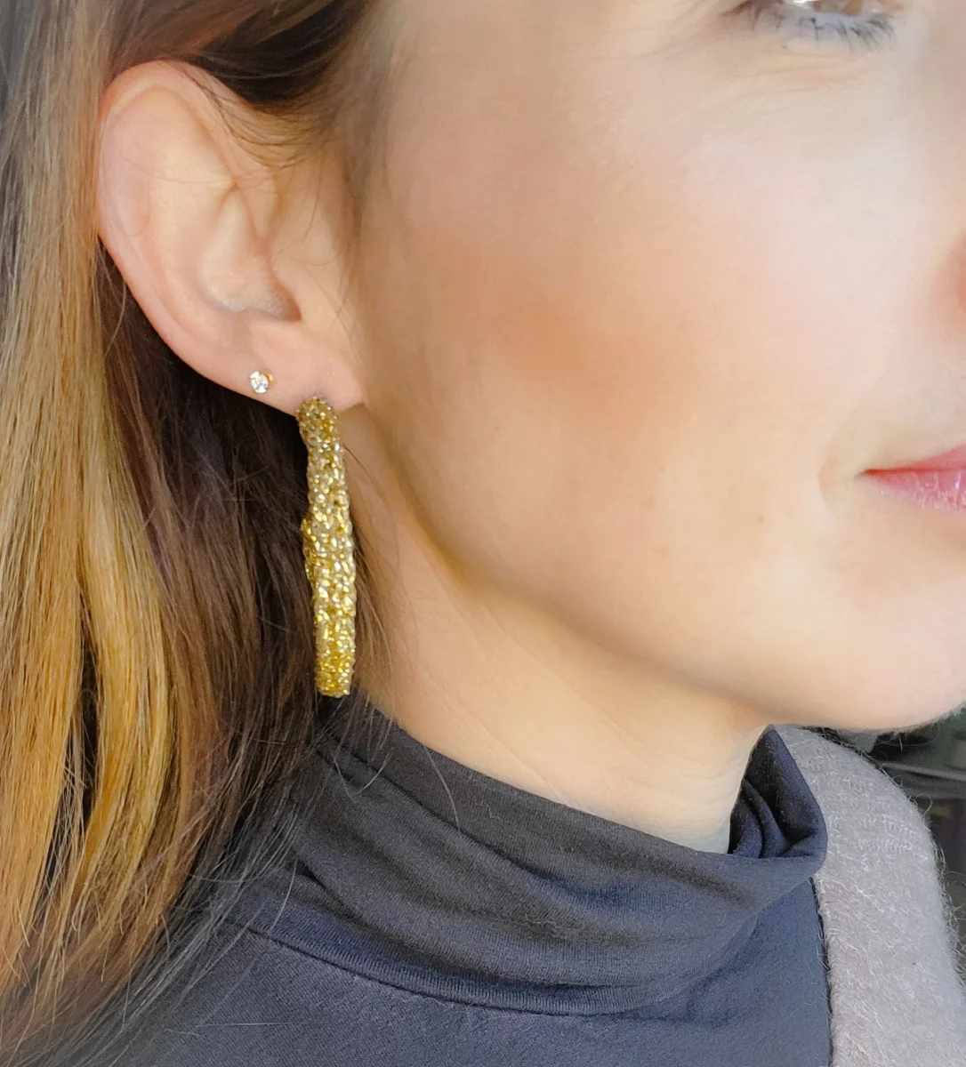 Boucles d'oreille créoles corde de coton fantaisie cadeau tendance fait main – Image 9