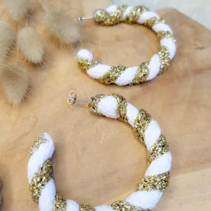 Boucles d'oreille créoles corde de coton bicolore bijou fantaisie cadeau tendance macramé fait main noeud marin choix 21 couleurs