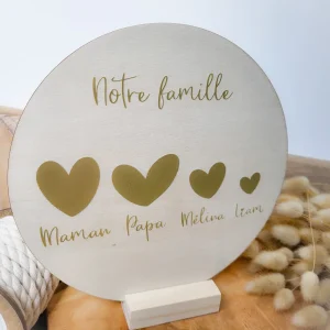 Plaque personnalisée bois rond décoration famille coeur maman cadeau naissance anniversaire fait-main enseigne couronne fête des mères