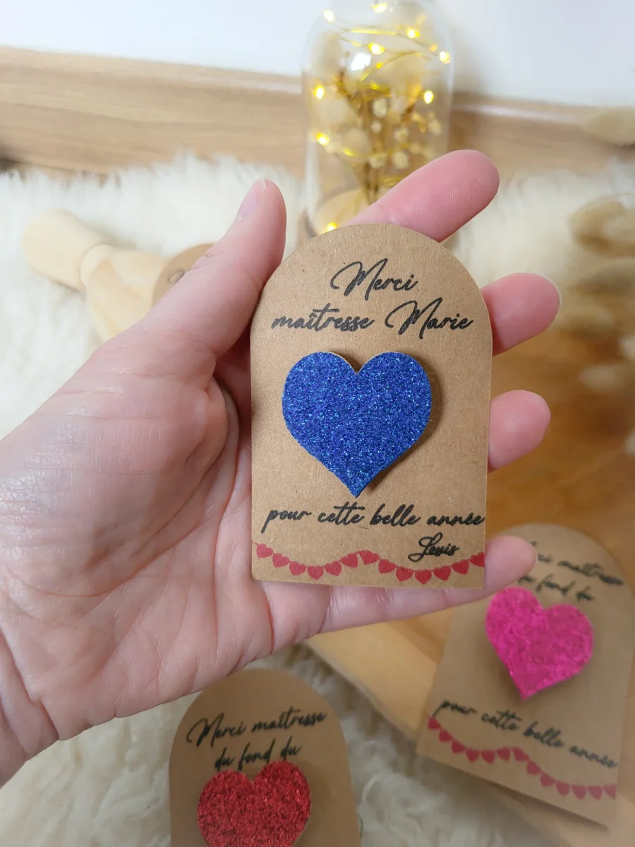 Broche coeur paillette fait main avec carte personnalisable - cadeau fin d'année scolaire pour maîtresse, nounou – Image 6