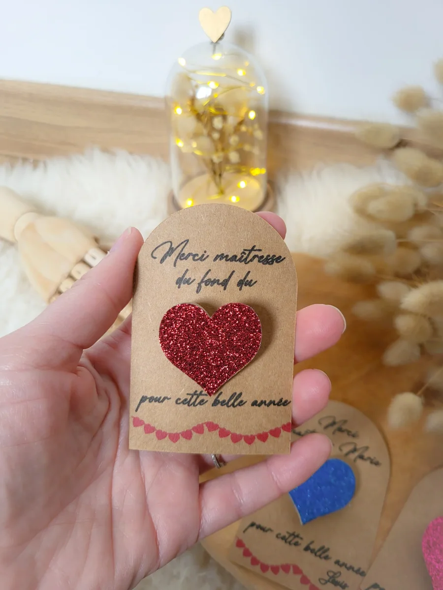 Broche coeur paillette fait main avec carte personnalisable - cadeau fin d'année scolaire pour maîtresse, nounou – Image 4