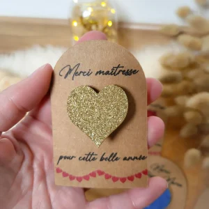 Broche coeur paillette fait main avec carte personnalisable - cadeau fin d'année scolaire pour maîtresse, nounou