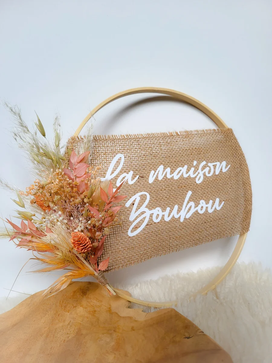 Couronne naturelle toile de jute fleurs séchées personnalisable – Image 3