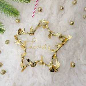 Décoration ornement de sapin de Noël en forme d'étoile feuilles dorées à suspendre personnalisable avec prénom ou mot