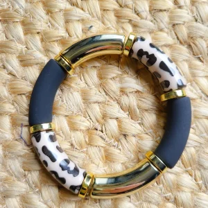 Bracelet léopard jonc perles tubes résine acrylique incurvé bijou élastique fait main, doré, noir, beige, imprimé animalier