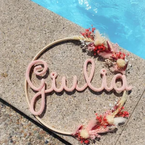 Couronne fleurs séchées prénom, cadeau de naissance personnalisé, décoration bohème chambre bébé