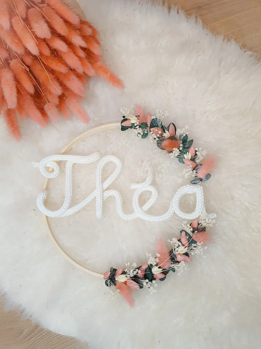 Couronne bohème prénom fleurs séchées stabilisées