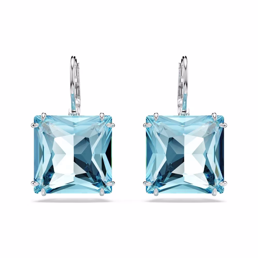 Pendants d’oreilles Swarovski Millenia carrées, rhodiés, bleu