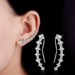 925 Silver Needle CZ Crystal Trail Leaf Leaves Stud Earrings for Women Ear Climbers Ear Crawlers Earrings Female Jewelry
