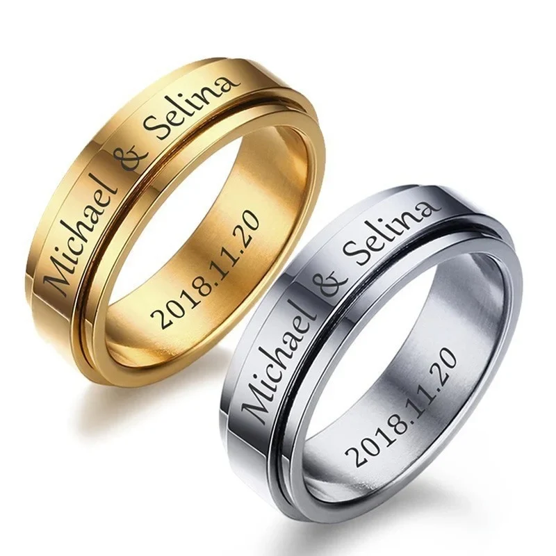 Free Personalized Engrave Spinner Rings for Men Women Stainless Steel Rotatable Wedding Band Write Name Date Custom Anel Anillos – Image 2