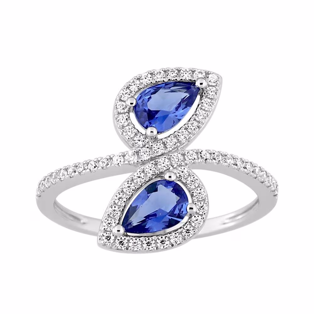 Bague Double Saphir de Ceylan Taille Poire & Diamants Amélia Or Blanc – Image 2