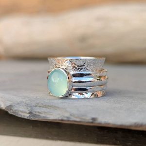 Bague anti stress argent et calcédoine aqua
