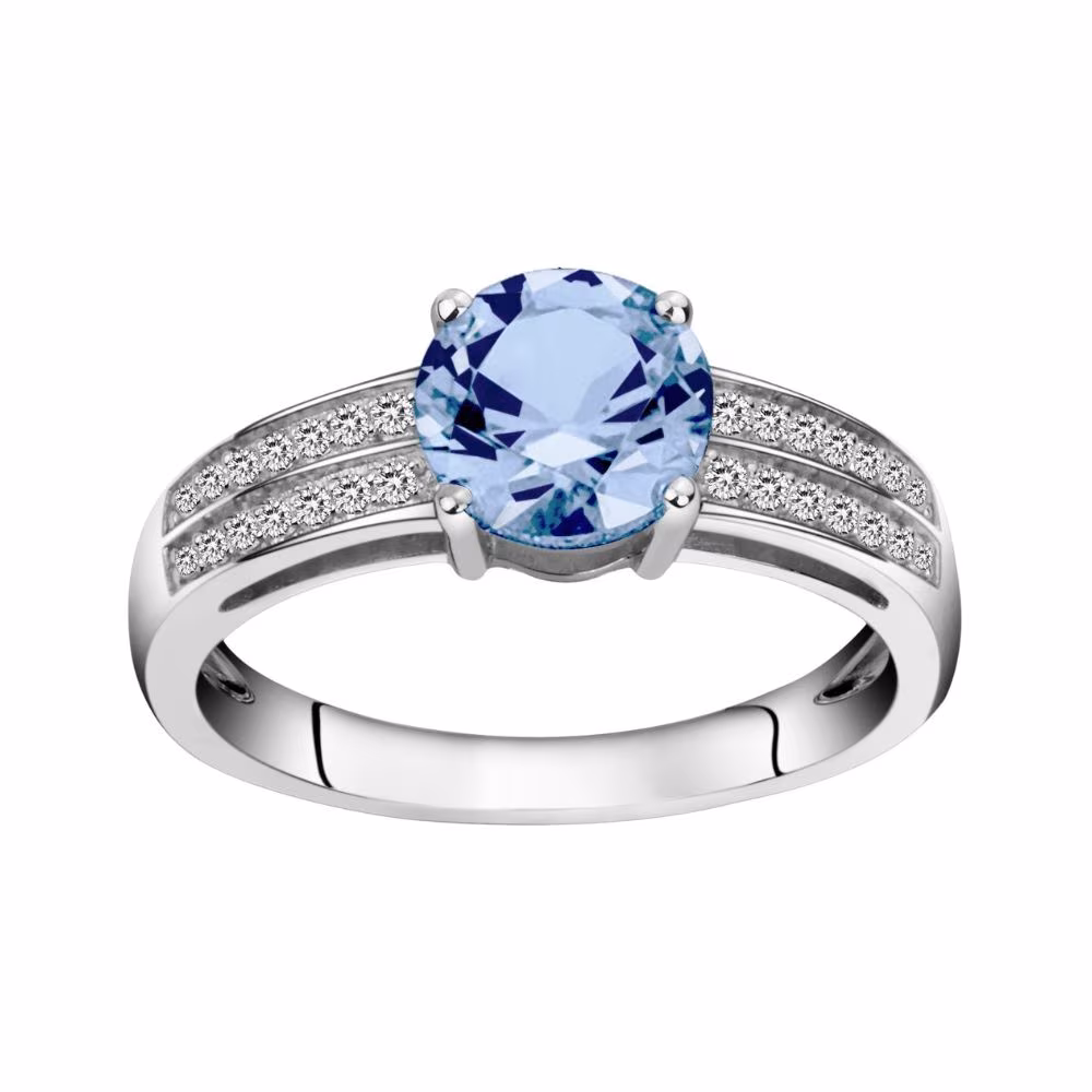 Bague Argent Pierre Bleue Ronde & Pavage Blanc