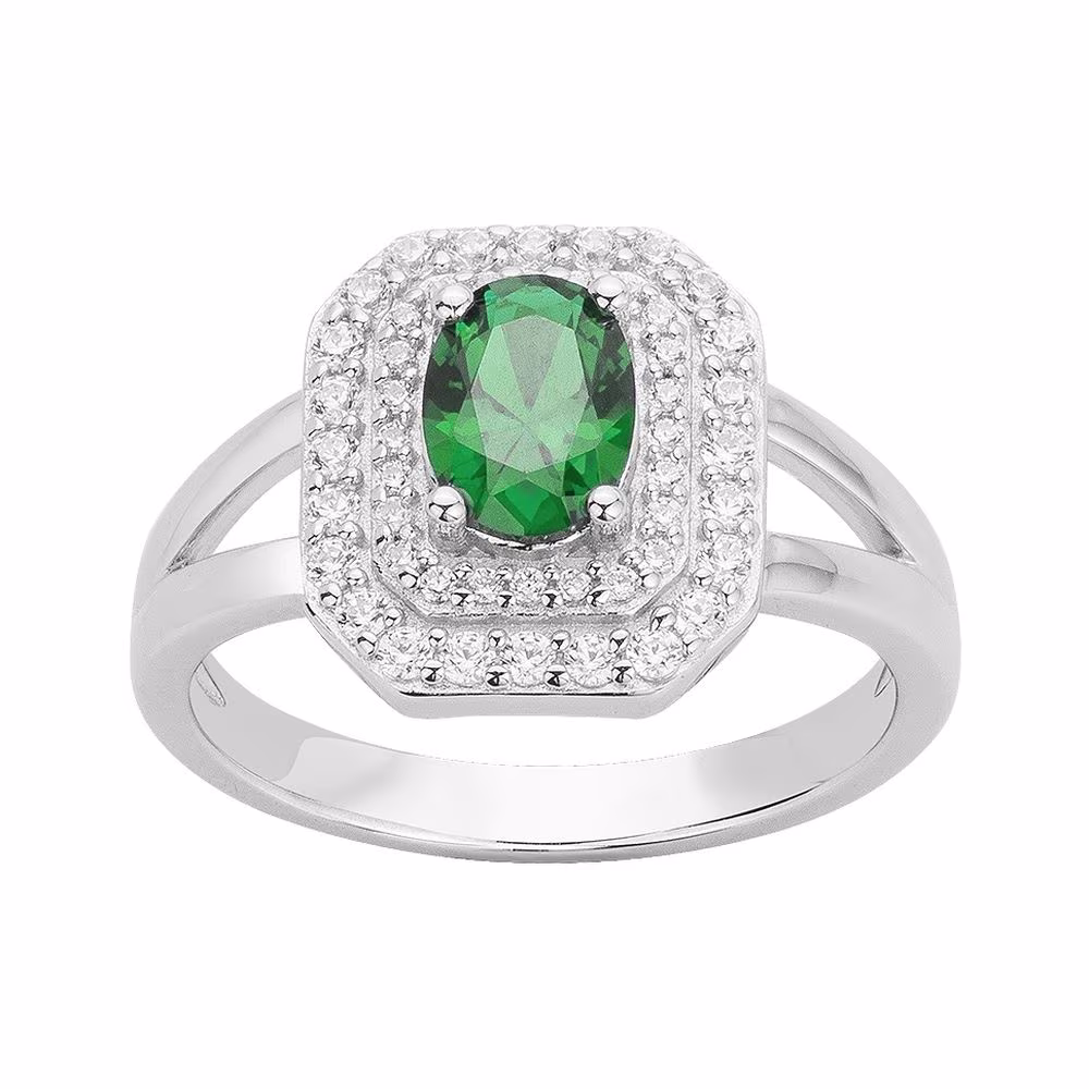 Bague Argent Entourage Pierre Verte et Pavage Blanc