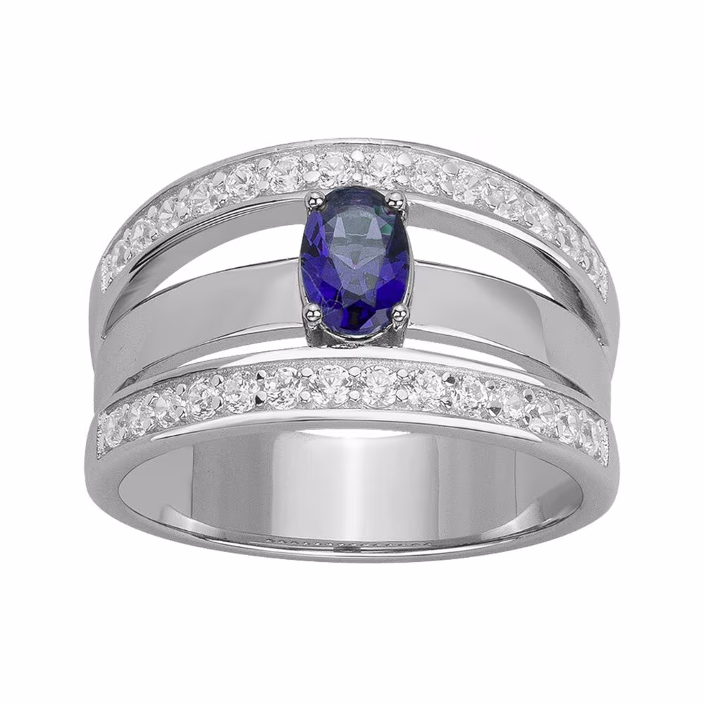 Bague Large Argent Pierre Bleue et Rangées Blanches