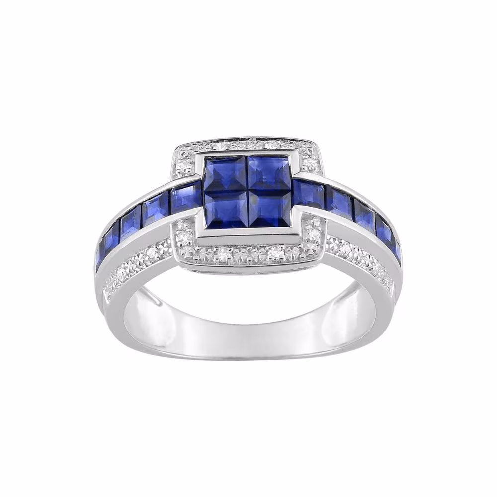 Bague carrée avec saphirs calibrés et diamants Charlie en or blanc