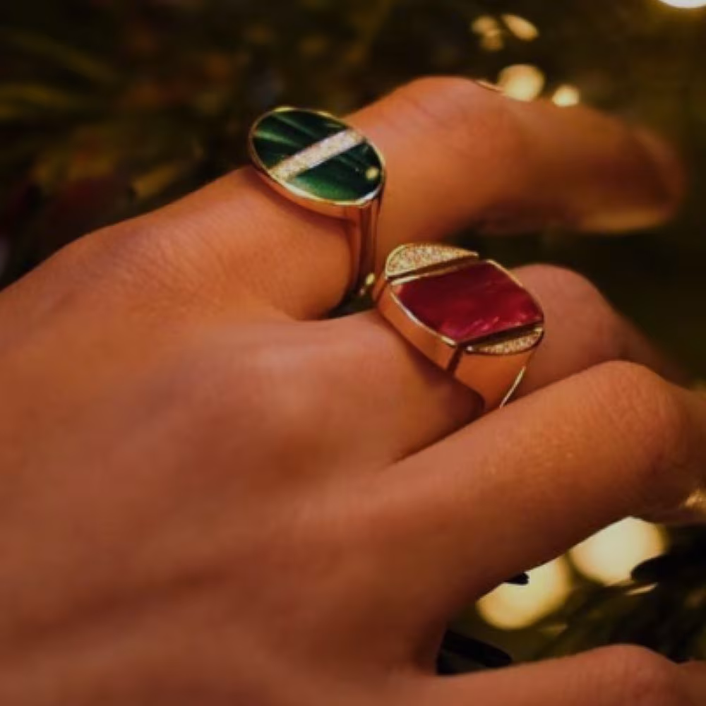 Bague Clozeau Athéna, or rose, résine rouge & diamants – Image 3