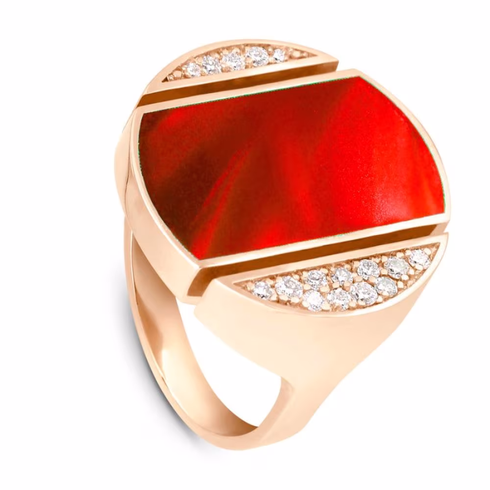 Bague Clozeau Athéna, or rose, résine rouge & diamants – Image 2