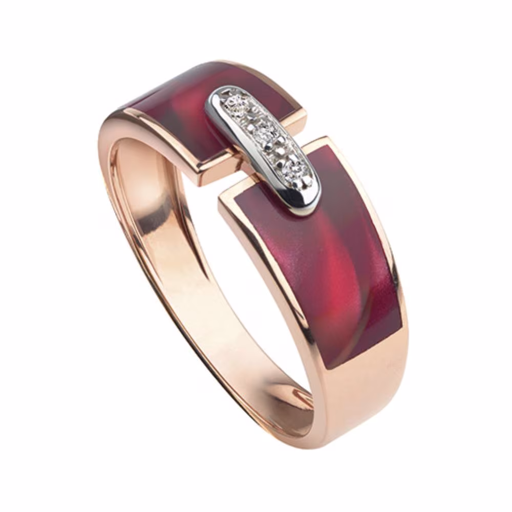 Bague Clozeau Hélèna résine rouge, or rose & diamants