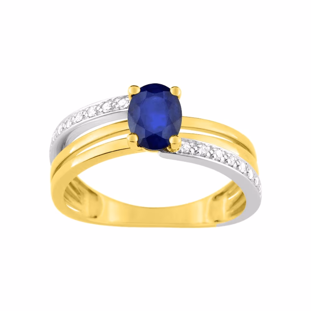 Bague croisée bicolore, diamants, saphir ovale, Estelle