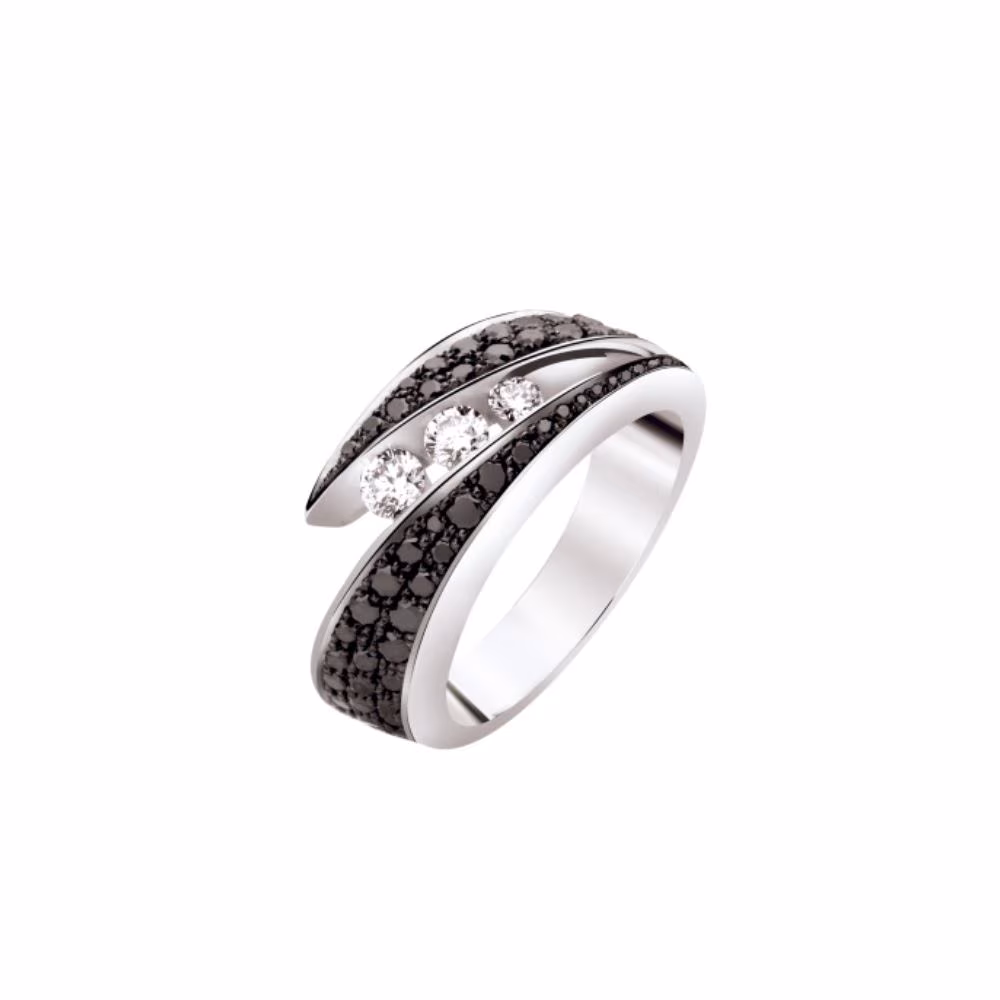 Bague Garel or blanc Neima trilogie diamants noirs