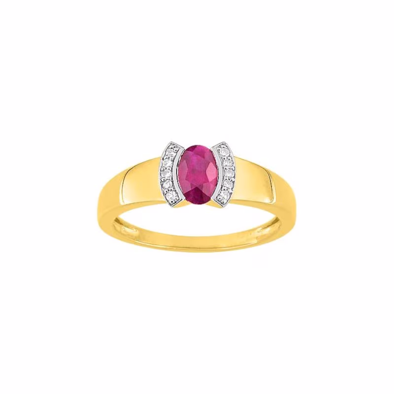 Bague or jaune et rubis ovale entourage