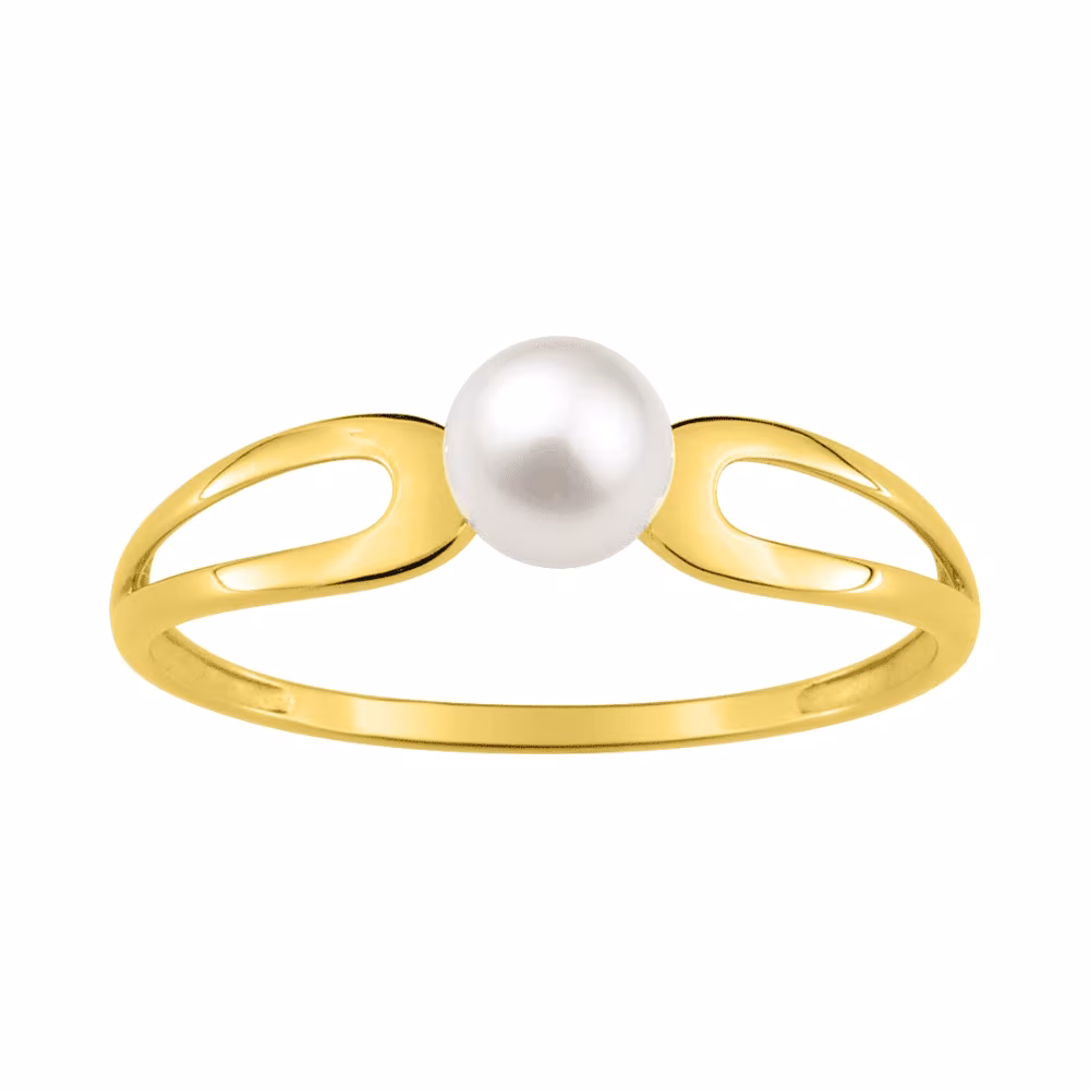 Bague ajourée en or jaune avec 1 perle blanche 5mm