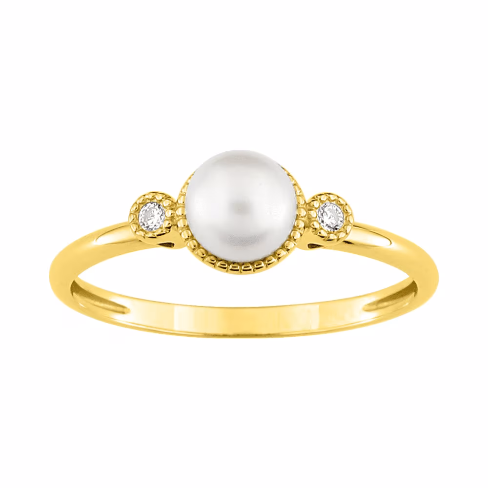 Bague perle blanche 5mm et entourage diamants en or jaune