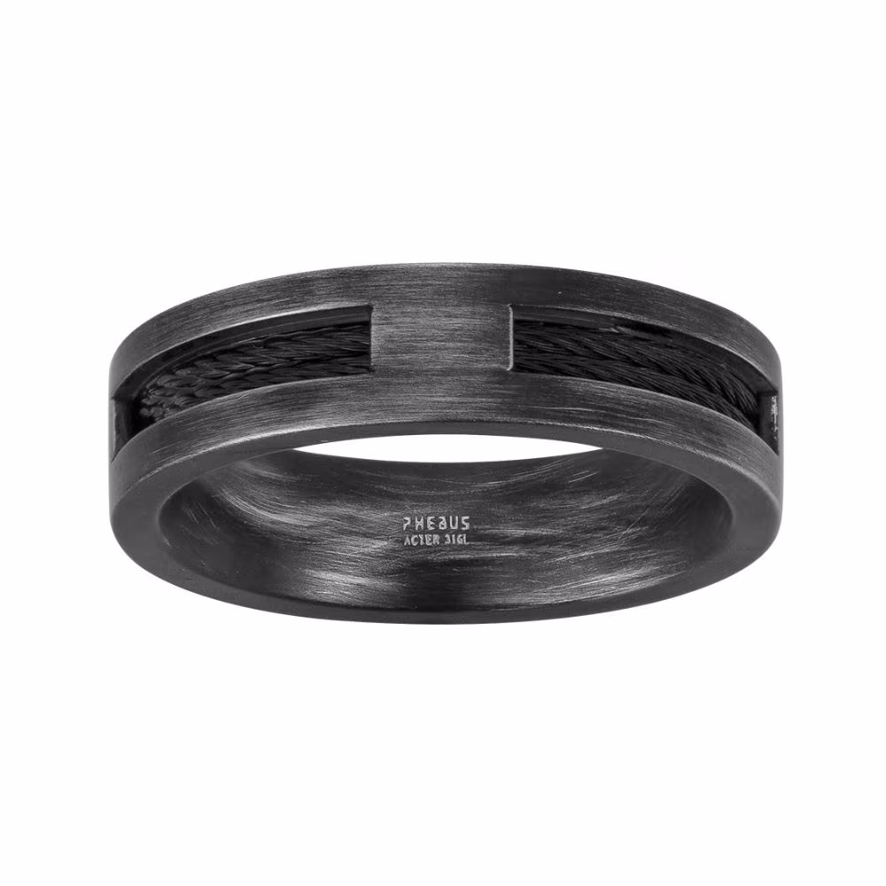 Bague Acier Vieilli Noir et Cable Noir Sohan