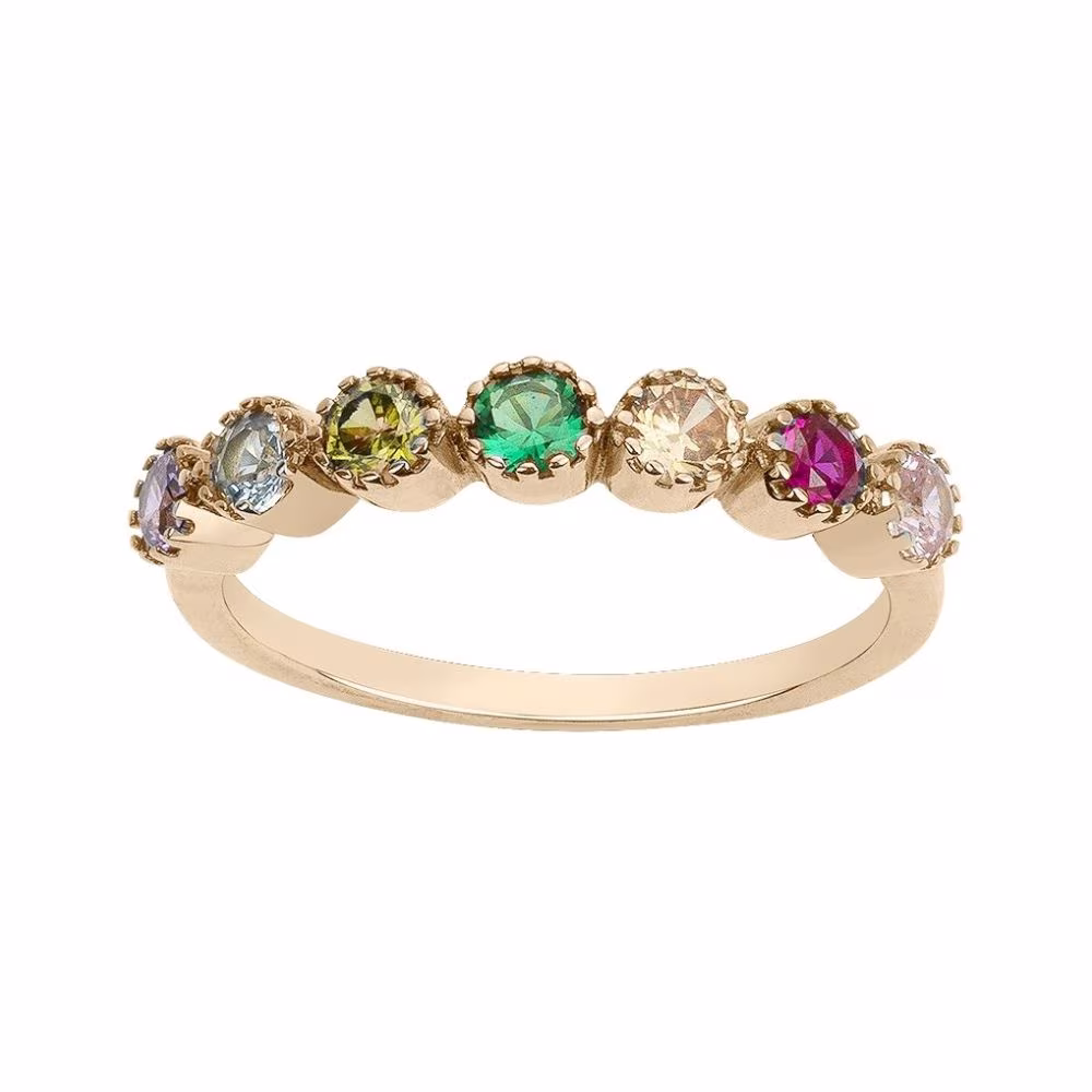 Bague plaqué or, oxydes ronds multicolores