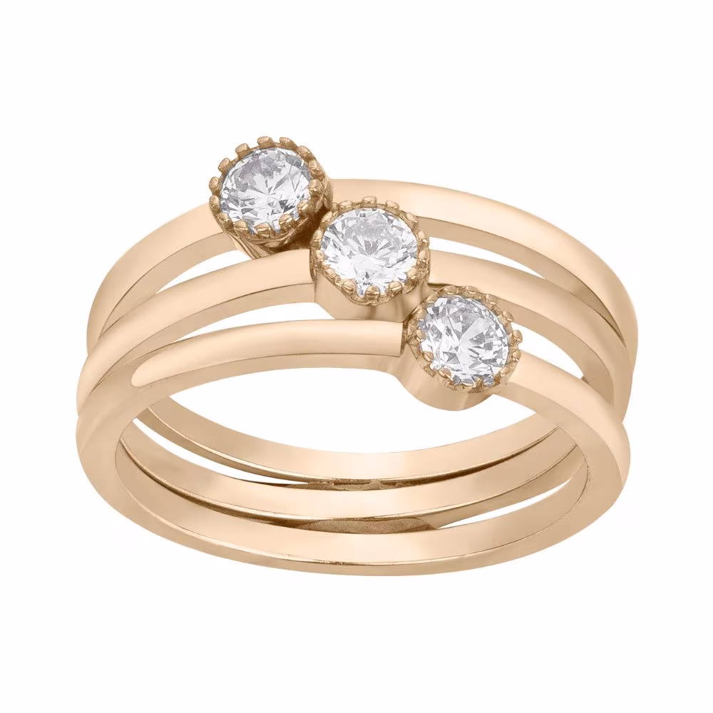 Bague Triple Anneaux Plaqué Or et Oxydes