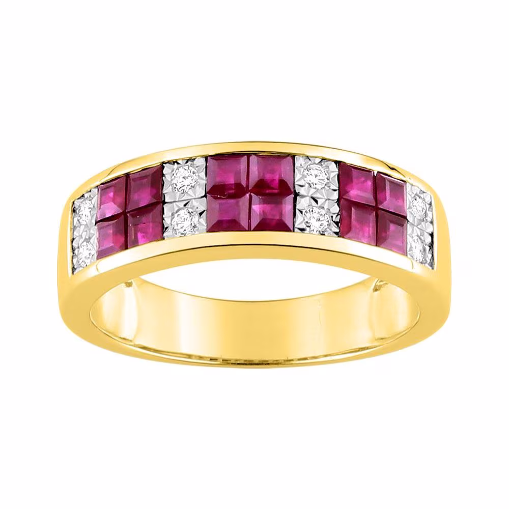 Bague large rubis calibrés et diamant Or Jaune