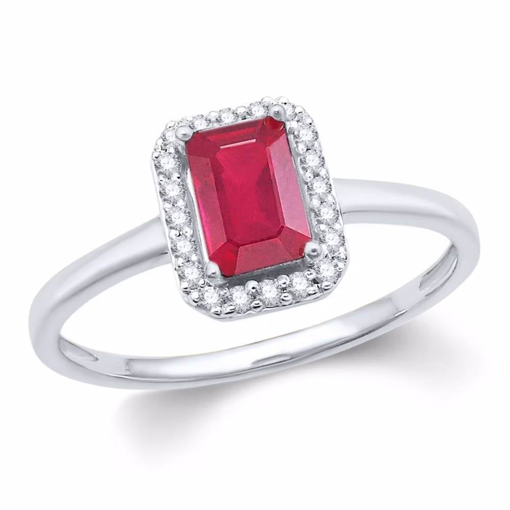 Bague rubis rectangulaire et halo diamants, Adélaïde or blanc