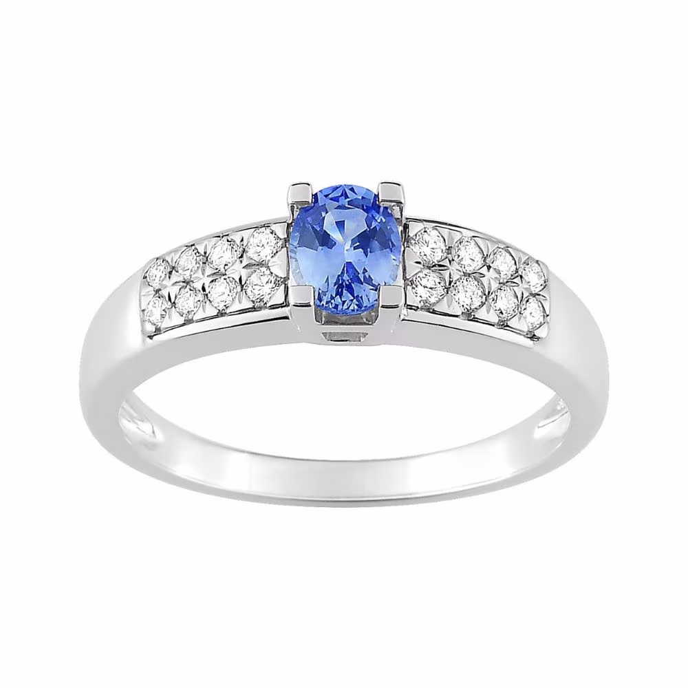 Bague Saphir de Ceylan & pavage diamants, Amélie XS or blanc