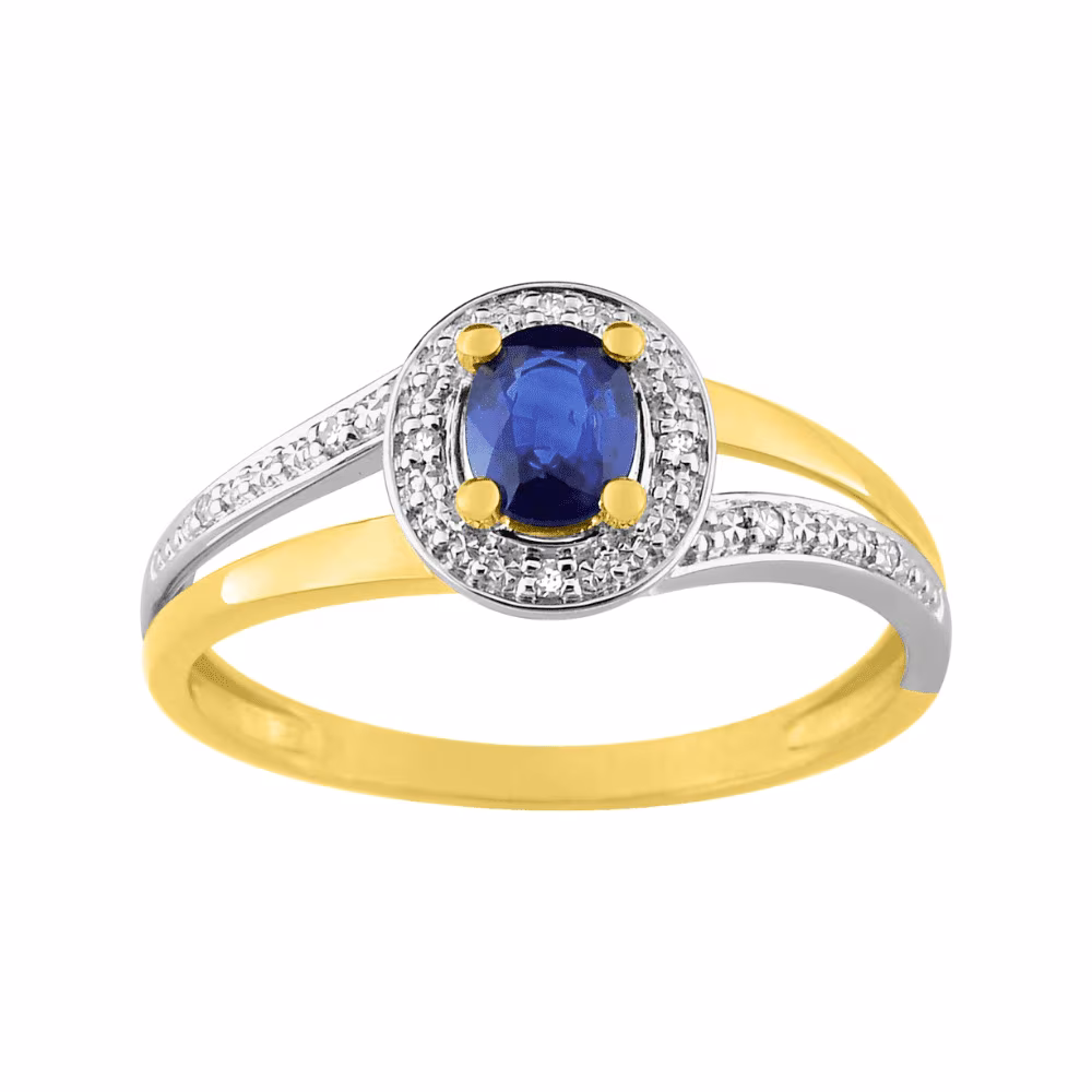 Bague Saphir Ovale et Entourage Diamants Or Bicolore