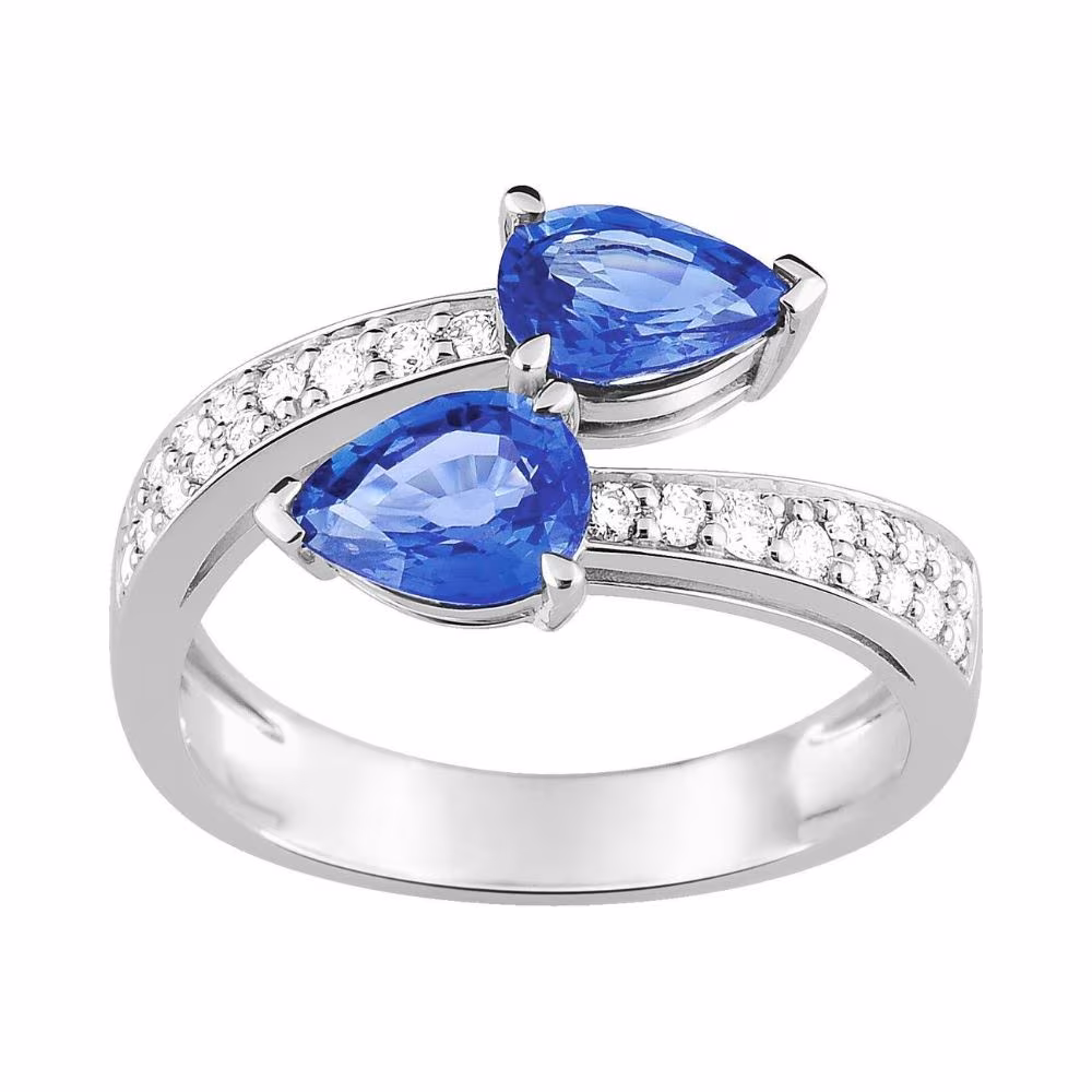 Bague Saphirs de Ceylan Poire & Diamants Or Blanc