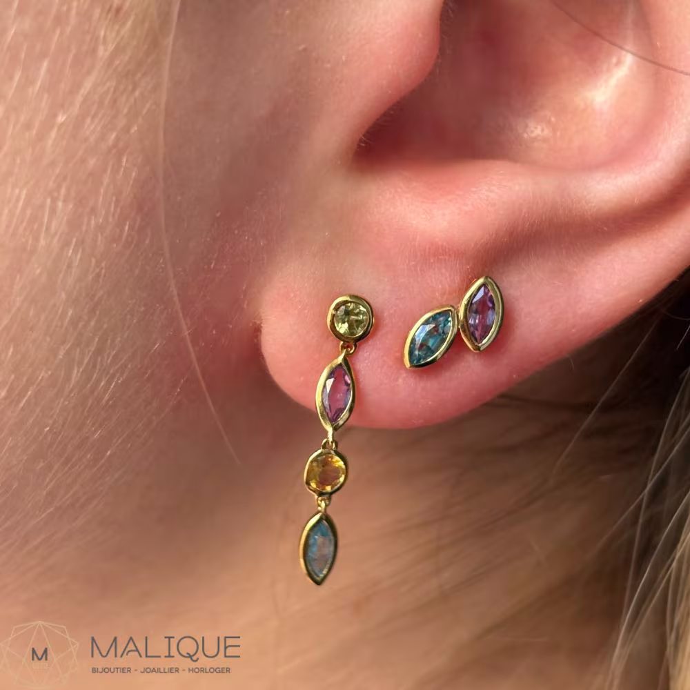 Puces d’Oreilles Arlequin Améthyste & Topaze Bleue Or Jaune – Image 3